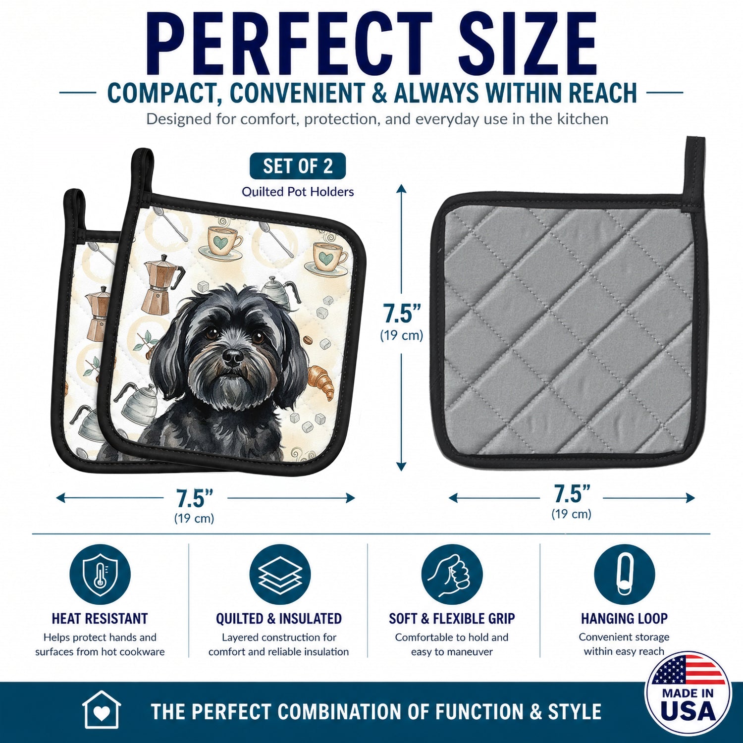 Black Lhasa Apso Coffee Bar Pot Holder Set of 2 Heat Resistant Quilted Hot Pads 7.5 x 7.5 Inch, Insulated Kitchen Trivets for Cooking & Baking