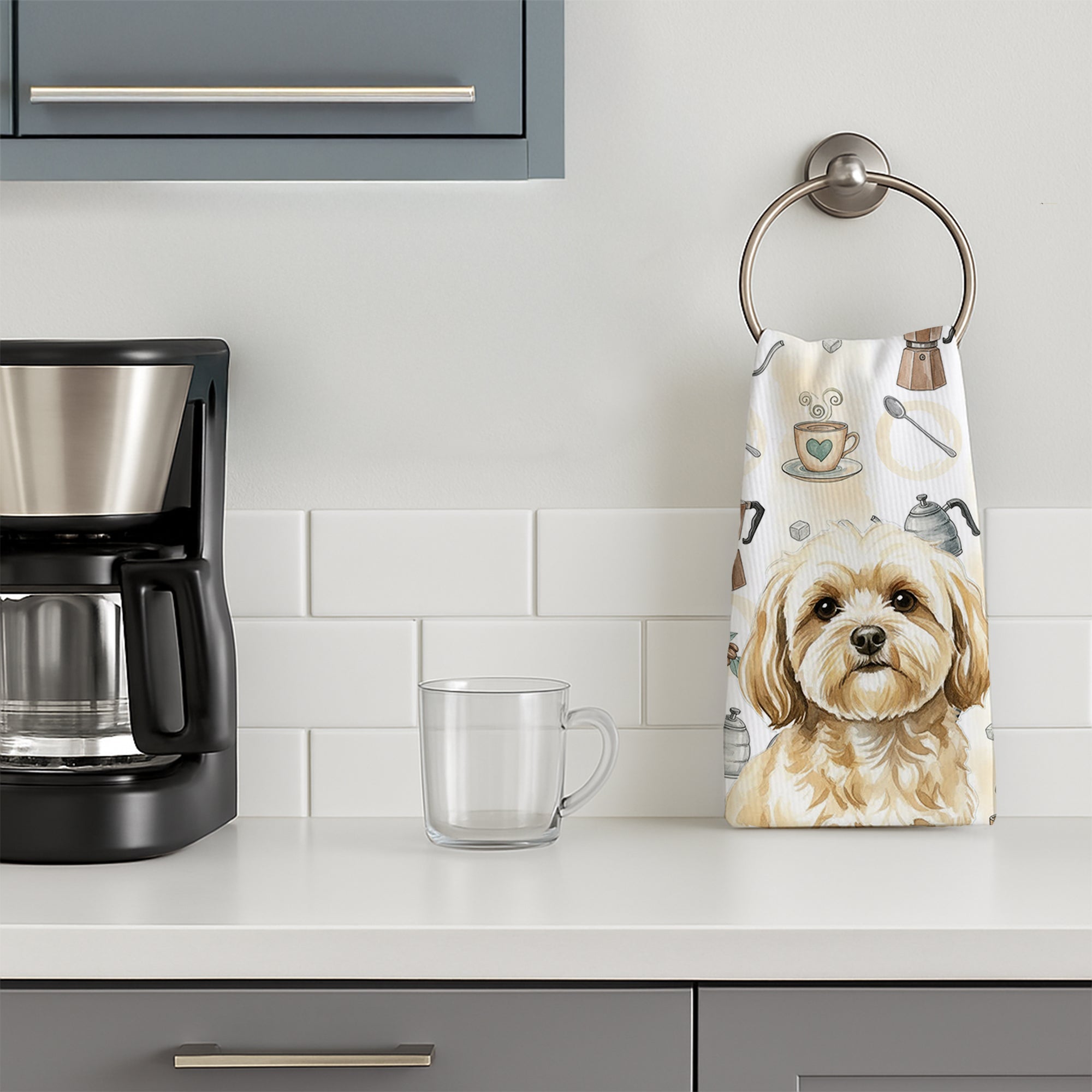 Cream Lhasa Apso Coffee Bar Kitchen Towel Velour Plush Front and Cotton Loop Back Machine Washable