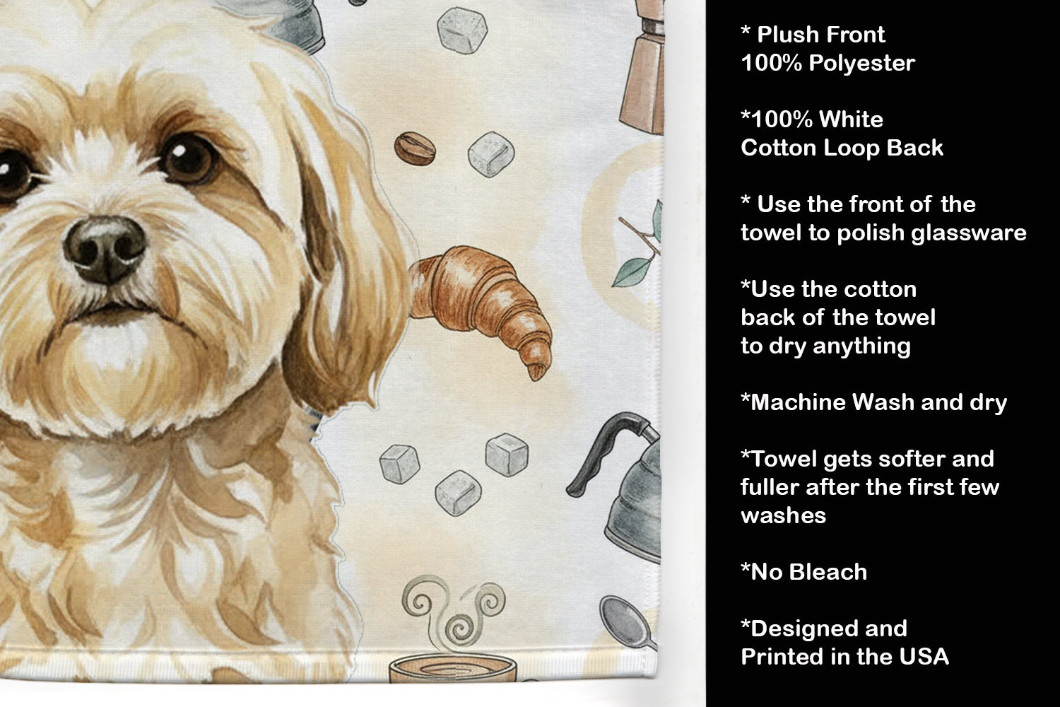 Cream Lhasa Apso Coffee Bar Kitchen Towel Velour Plush Front and Cotton Loop Back Machine Washable
