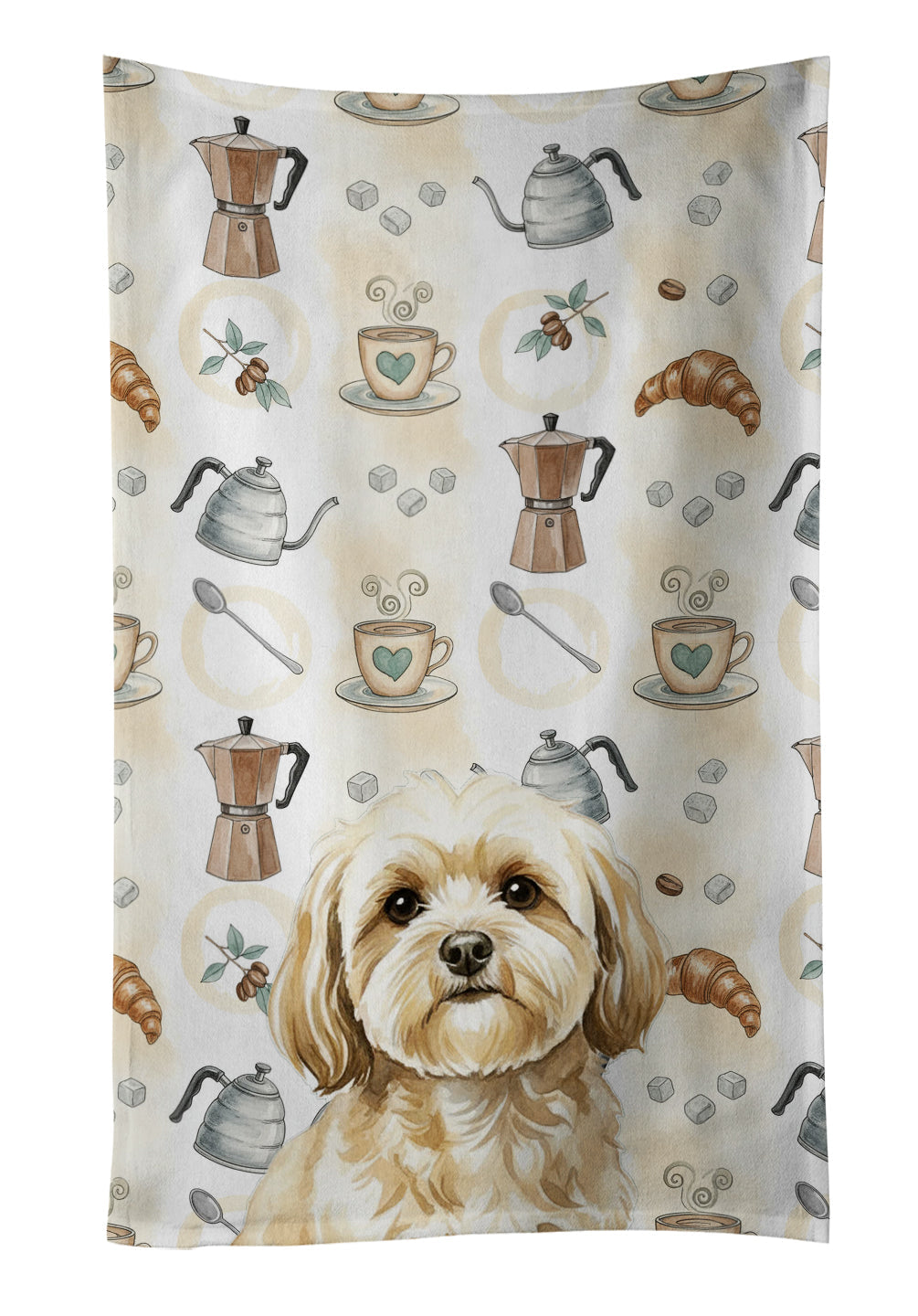 Cream Lhasa Apso Coffee Bar Kitchen Towel Velour Plush Front and Cotton Loop Back Machine Washable