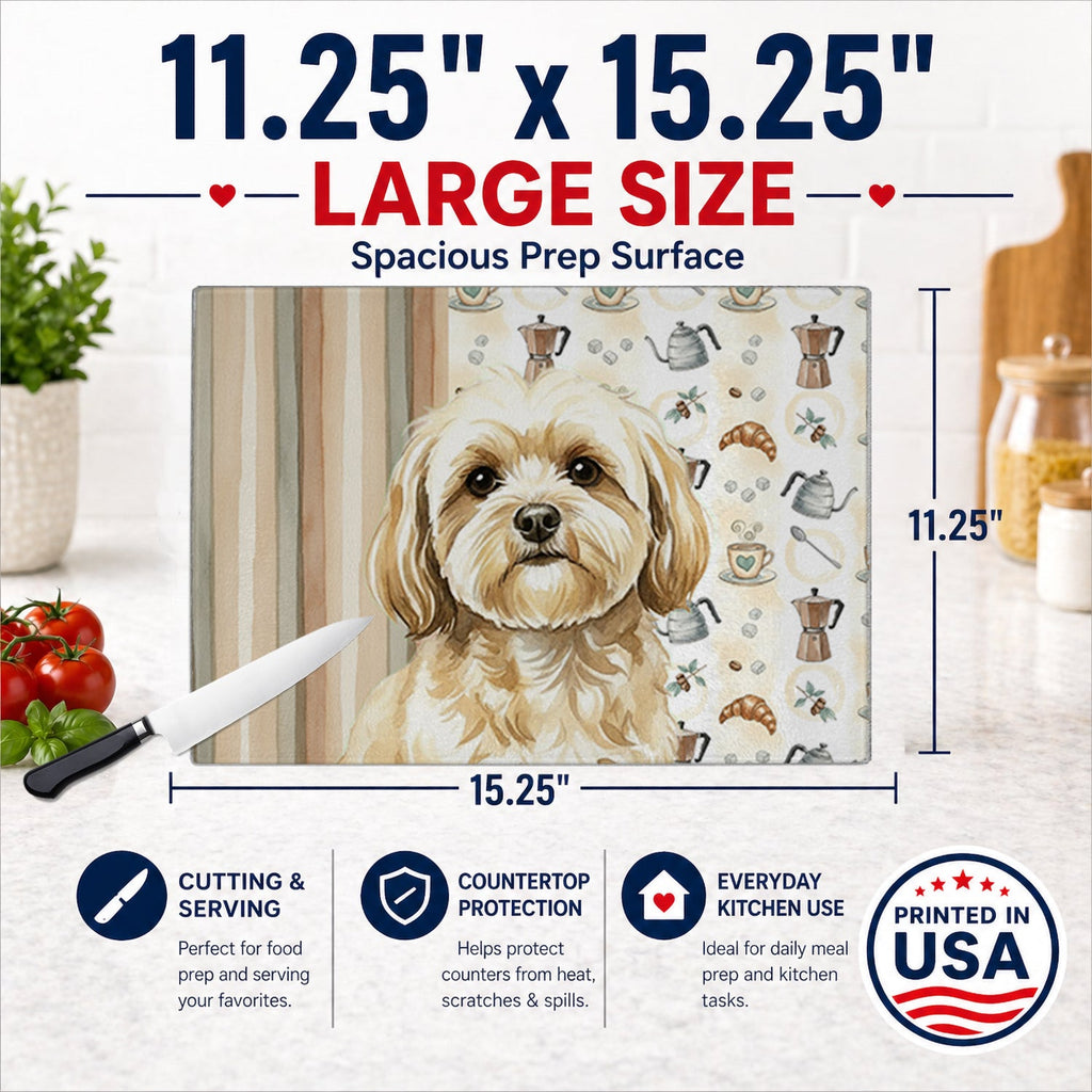 Cream Lhasa Apso Coffee Bar Cutting Board Tempered Glass Kitchen Cutting Surface, Heat Resistant Chopping, Non-Slip Feet, Food Prep & Serving