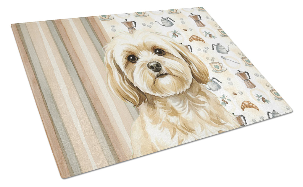 Cream Lhasa Apso Coffee Bar Cutting Board Tempered Glass Kitchen Cutting Surface, Heat Resistant Chopping, Non-Slip Feet, Food Prep & Serving