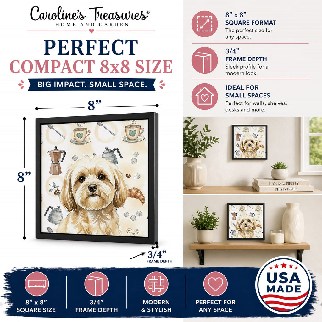 Cream Lhasa Apso Coffee Bar Framed Metal Print Bathroom, Kitchen, Office, Home Decor Wall Art Ready to Hang, Square, 8X8