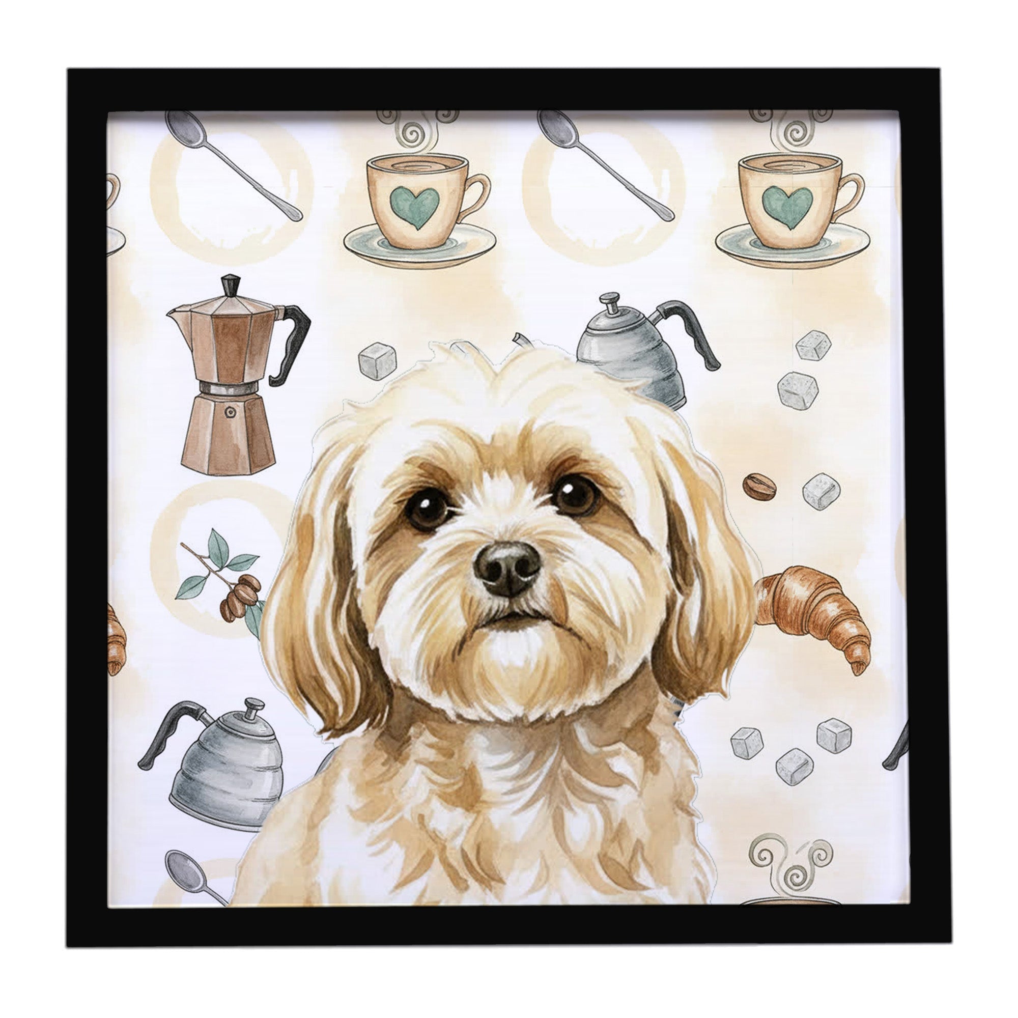 Cream Lhasa Apso Coffee Bar Framed Metal Print Bathroom, Kitchen, Office, Home Decor Wall Art Ready to Hang, Square, 8X8