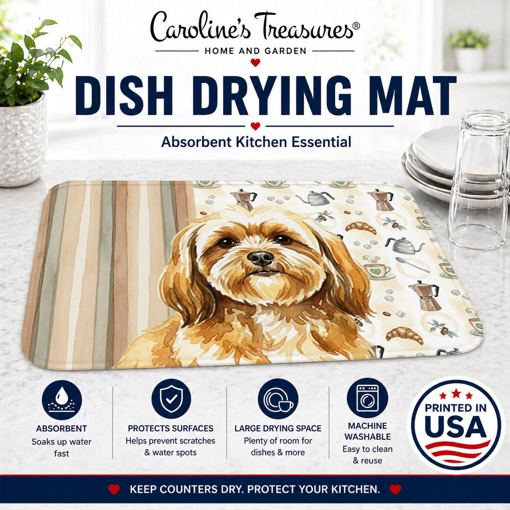 Gold Lhasa Apso Coffee Bar Dish Drying Mat Absorbent Dish Drying Mat Pad for Kitchen Counter Dish Drainer Mat for Countertop, 14 x 21", Multicolor