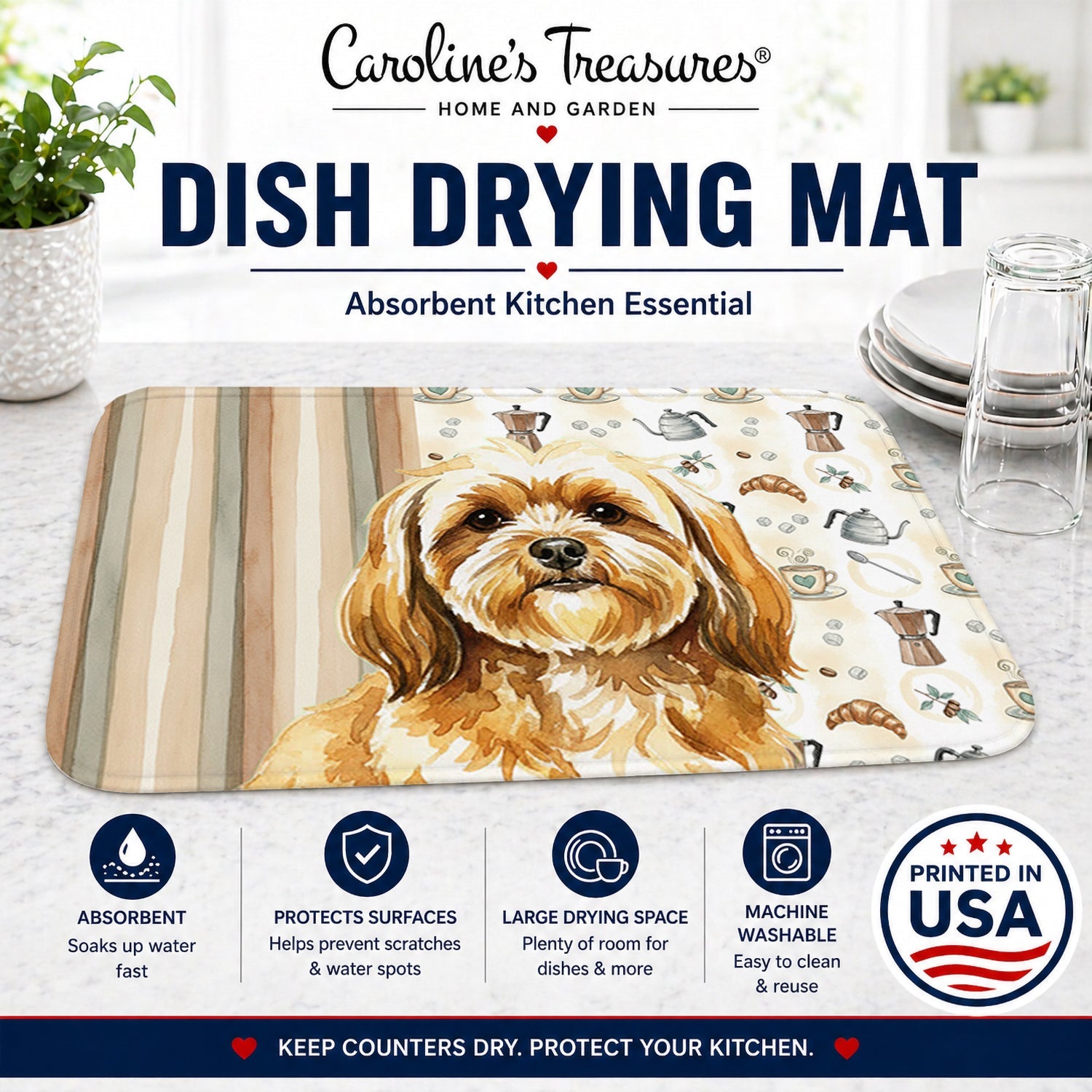 Gold Lhasa Apso Coffee Bar Dish Drying Mat Absorbent Dish Drying Mat Pad for Kitchen Counter Dish Drainer Mat for Countertop, 14 x 21", Multicolor