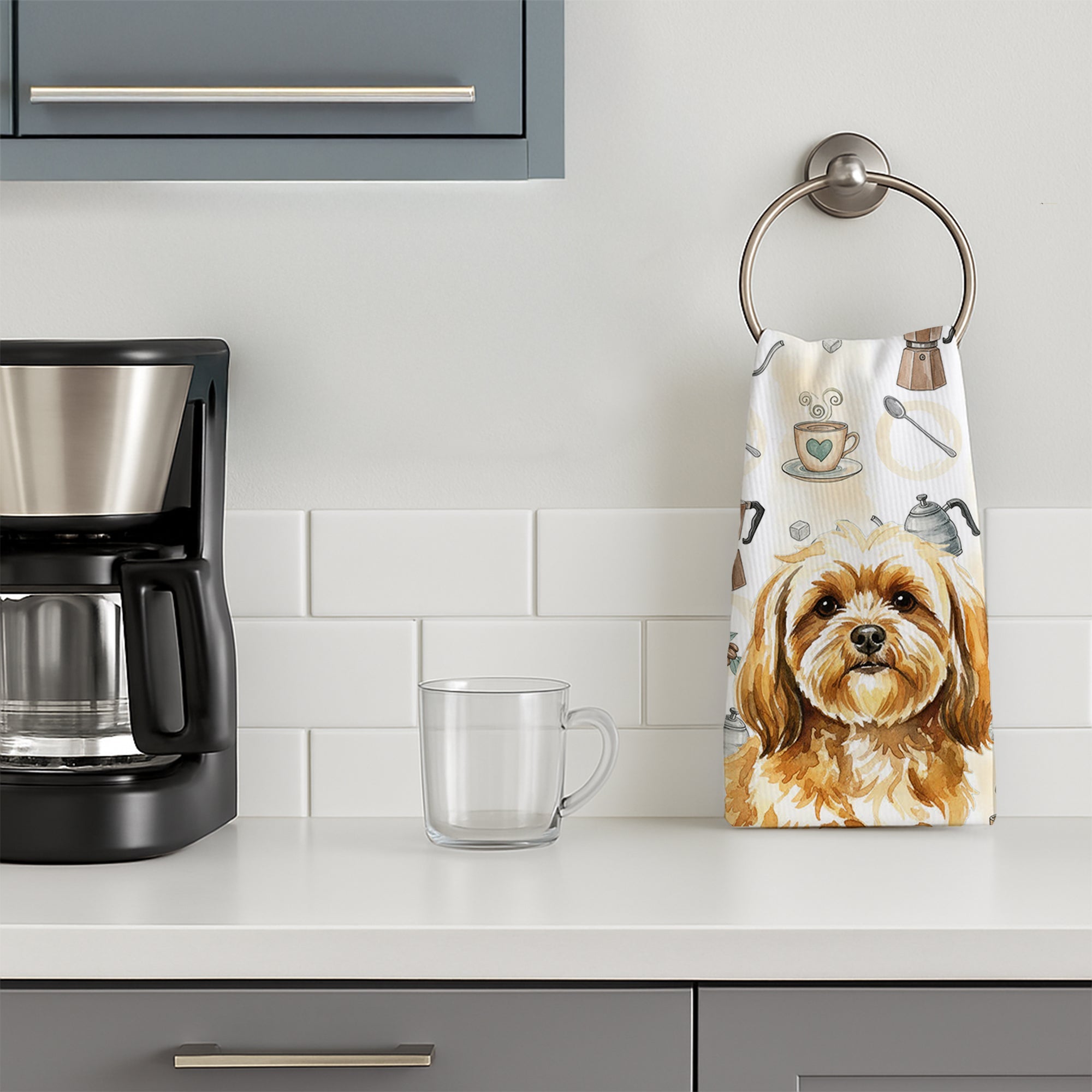 Gold Lhasa Apso Coffee Bar Kitchen Towel Velour Plush Front and Cotton Loop Back Machine Washable