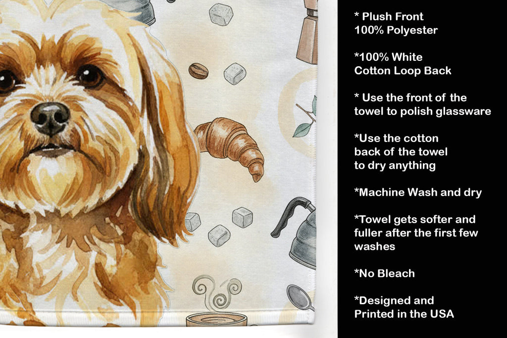 Gold Lhasa Apso Coffee Bar Kitchen Towel Velour Plush Front and Cotton Loop Back Machine Washable