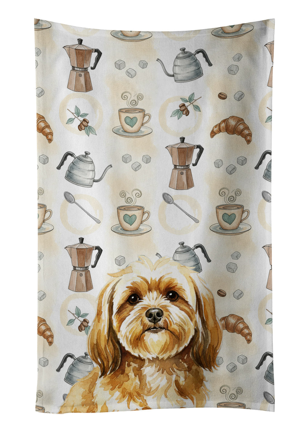 Gold Lhasa Apso Coffee Bar Kitchen Towel Velour Plush Front and Cotton Loop Back Machine Washable