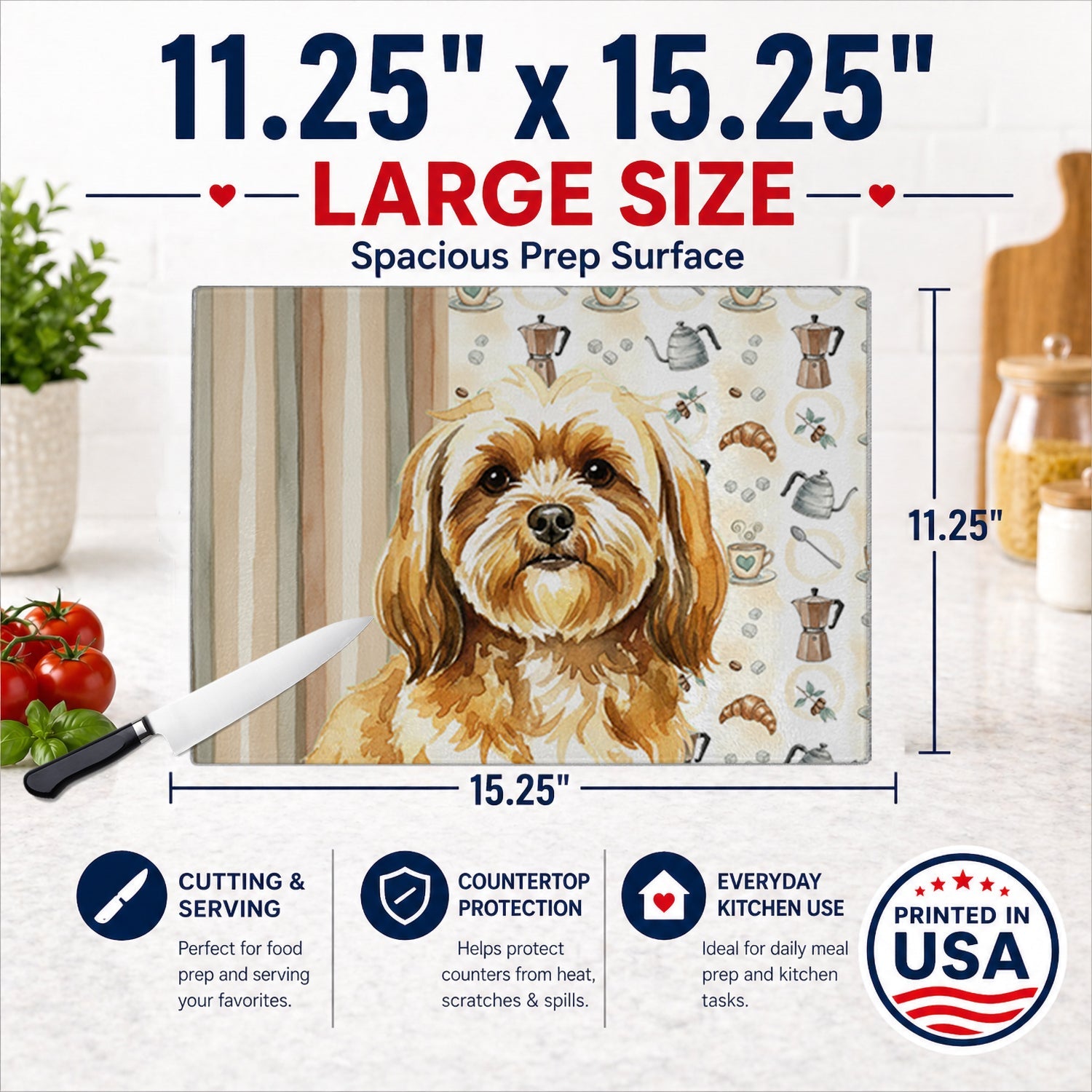 Gold Lhasa Apso Coffee Bar Cutting Board Tempered Glass Kitchen Cutting Surface, Heat Resistant Chopping, Non-Slip Feet, Food Prep & Serving