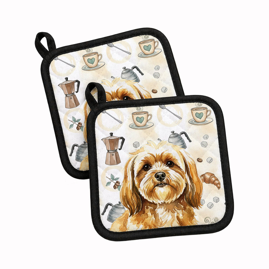 Gold Lhasa Apso Coffee Bar Pot Holder Set of 2 Heat Resistant Quilted Hot Pads 7.5 x 7.5 Inch, Insulated Kitchen Trivets for Cooking & Baking
