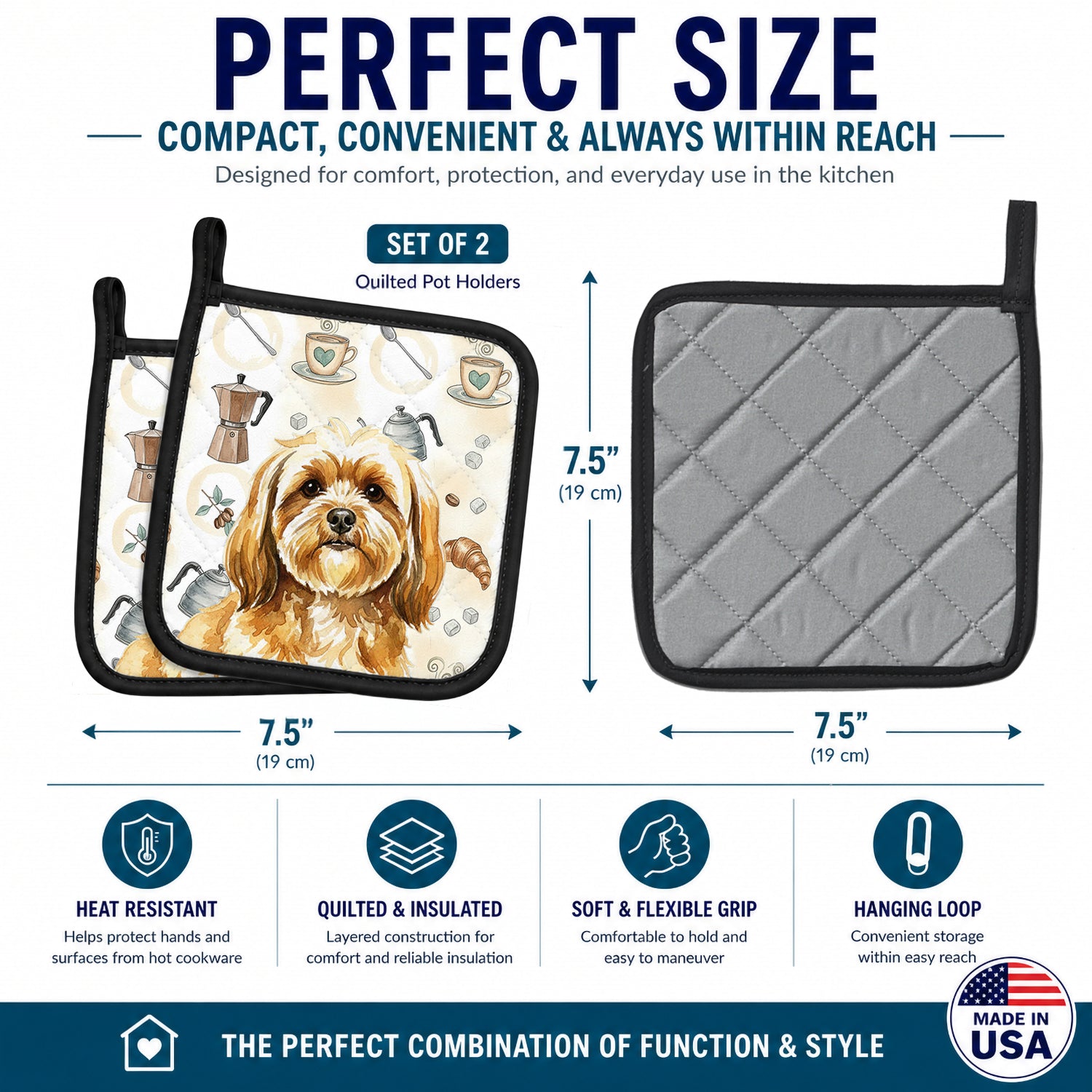 Gold Lhasa Apso Coffee Bar Pot Holder Set of 2 Heat Resistant Quilted Hot Pads 7.5 x 7.5 Inch, Insulated Kitchen Trivets for Cooking & Baking