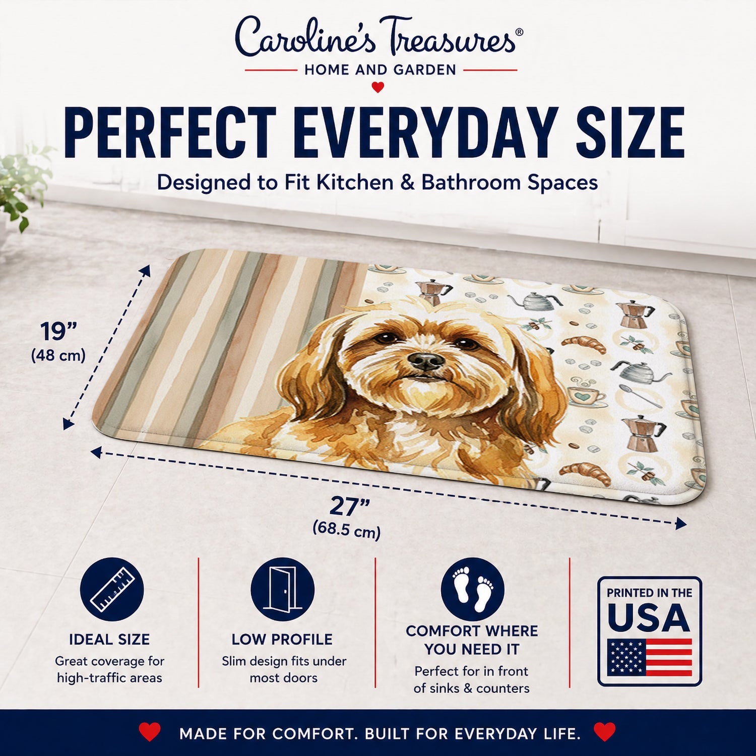 Gold Lhasa Apso Coffee Bar Memory Foam Kitchen Mat Machine Washable Anti-Fatigue Cushion Comfort Bath or Kitchen Rug