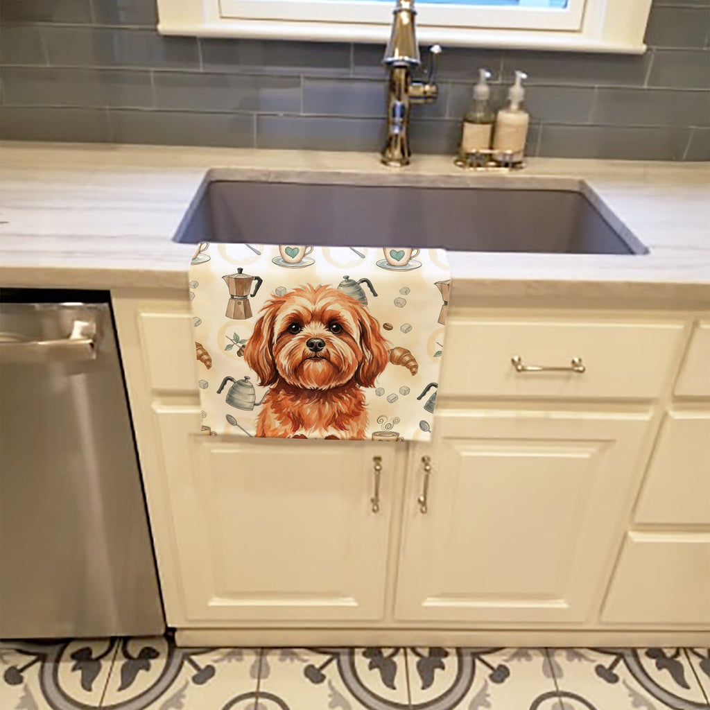 Red Lhasa Apso Coffee Bar Kitchen Towel Velour Plush Front and Cotton Loop Back Machine Washable