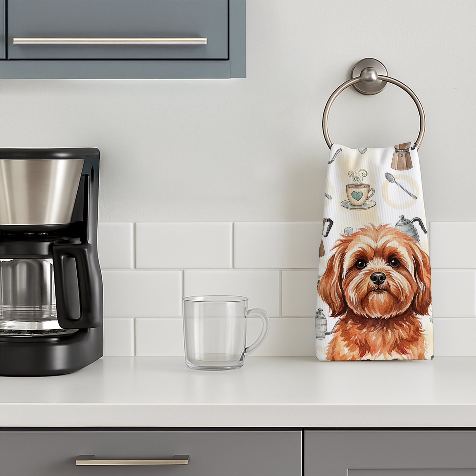 Red Lhasa Apso Coffee Bar Kitchen Towel Velour Plush Front and Cotton Loop Back Machine Washable