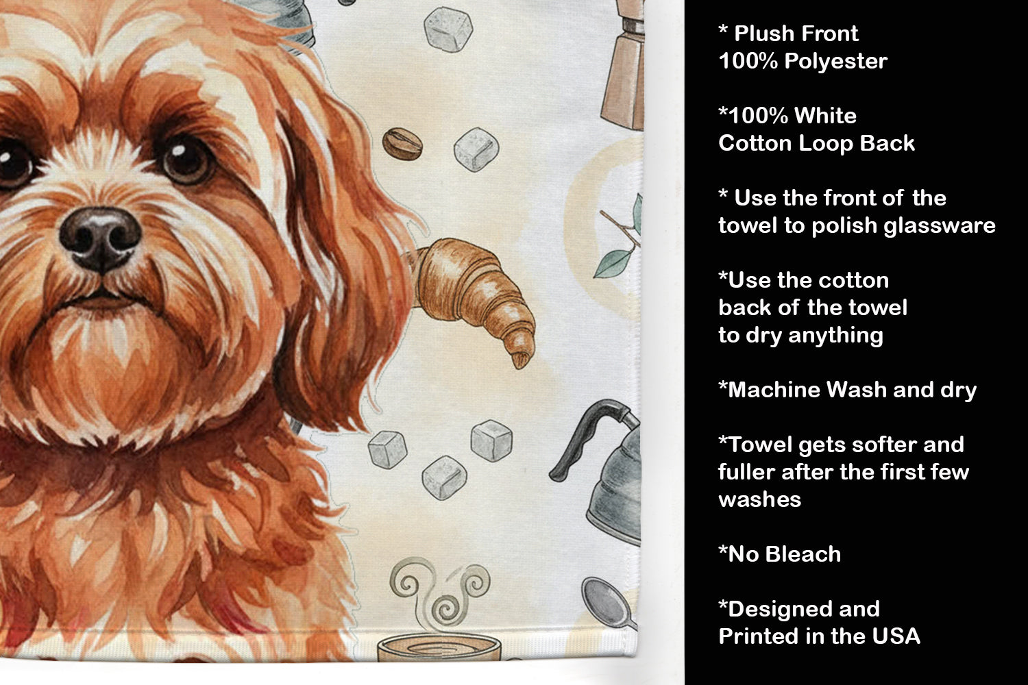 Red Lhasa Apso Coffee Bar Kitchen Towel Velour Plush Front and Cotton Loop Back Machine Washable