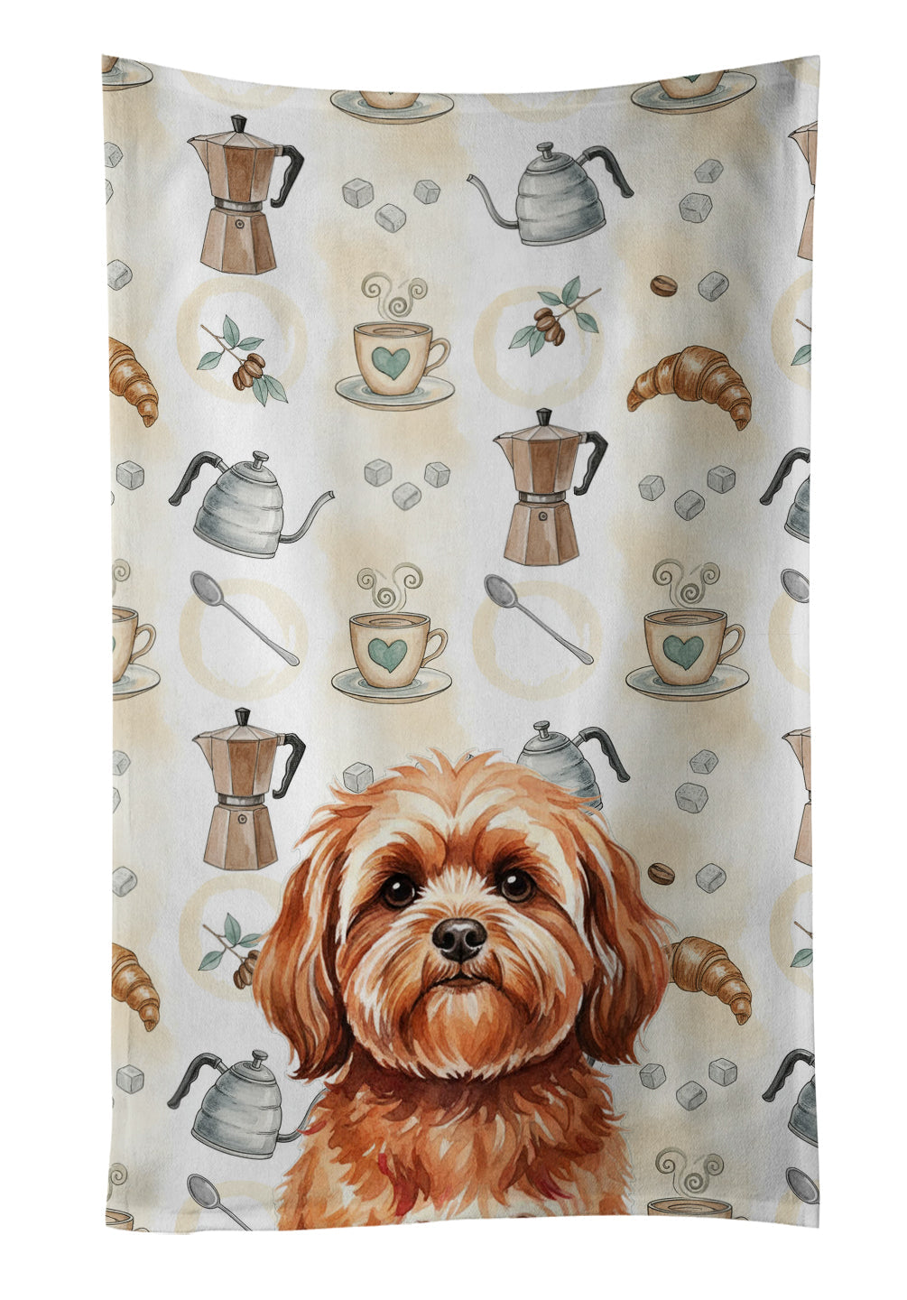 Red Lhasa Apso Coffee Bar Kitchen Towel Velour Plush Front and Cotton Loop Back Machine Washable