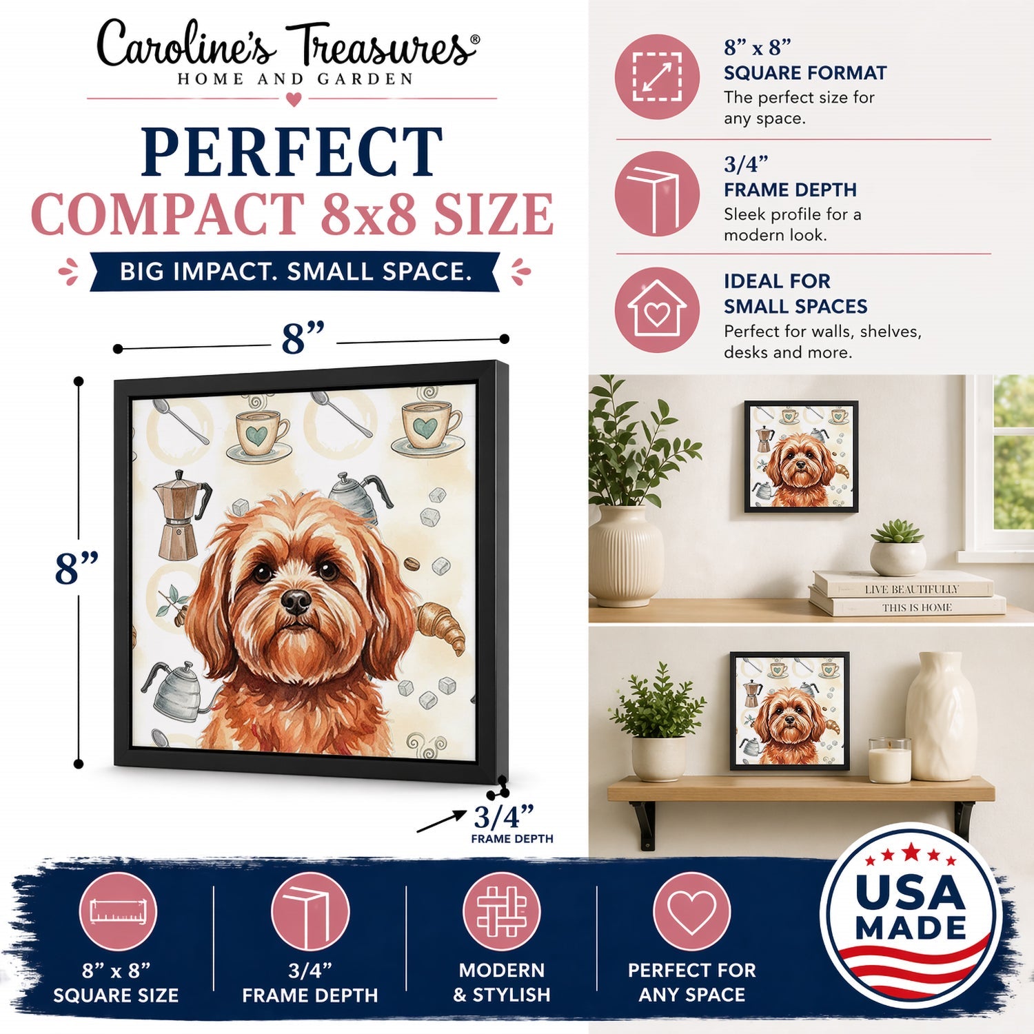 Red Lhasa Apso Coffee Bar Framed Metal Print Bathroom, Kitchen, Office, Home Decor Wall Art Ready to Hang, Square, 8X8