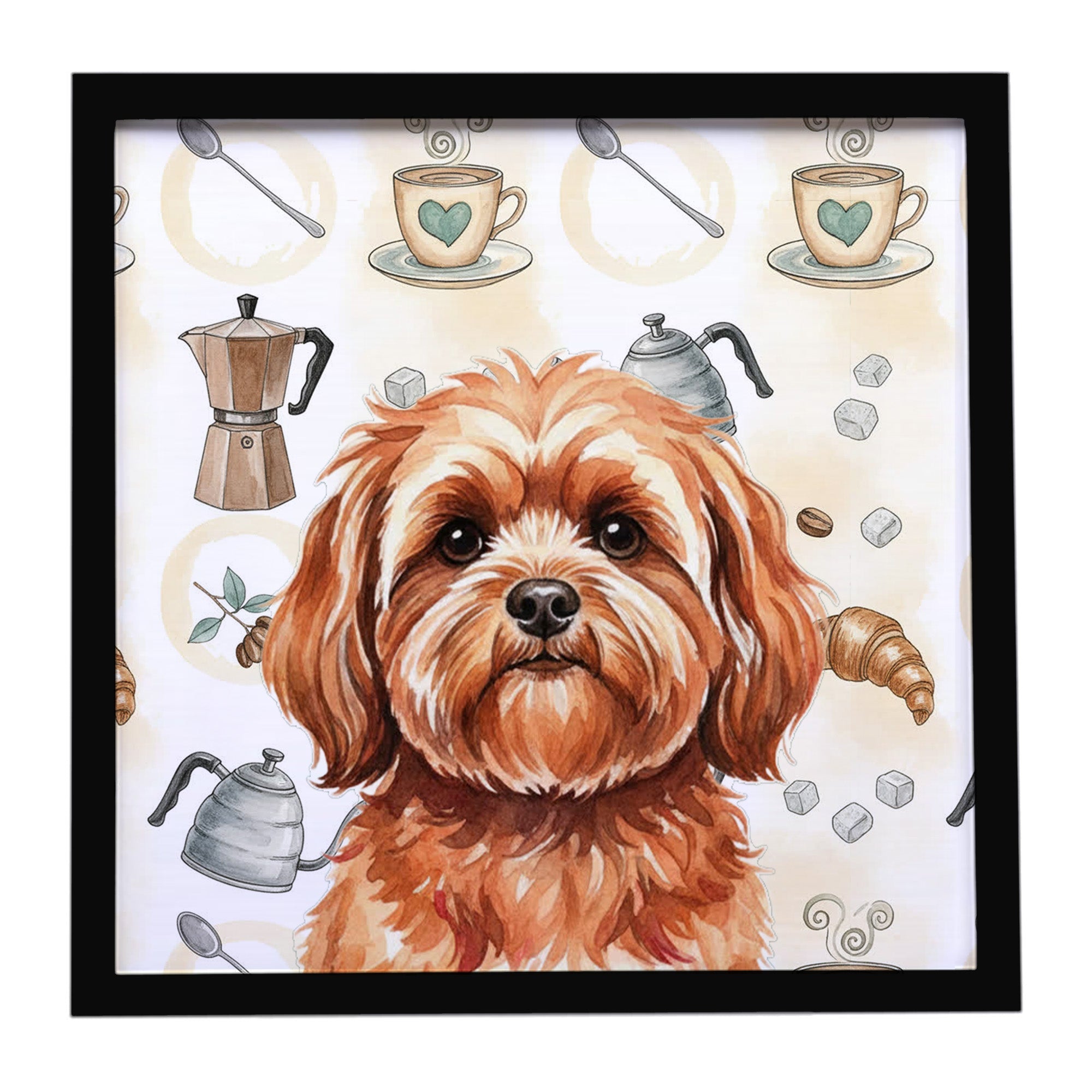Red Lhasa Apso Coffee Bar Framed Metal Print Bathroom, Kitchen, Office, Home Decor Wall Art Ready to Hang, Square, 8X8