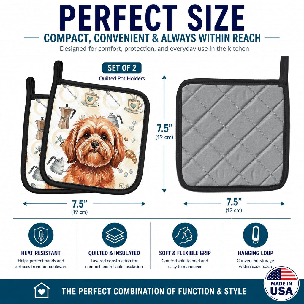 Red Lhasa Apso Coffee Bar Pot Holder Set of 2 Heat Resistant Quilted Hot Pads 7.5 x 7.5 Inch, Insulated Kitchen Trivets for Cooking & Baking