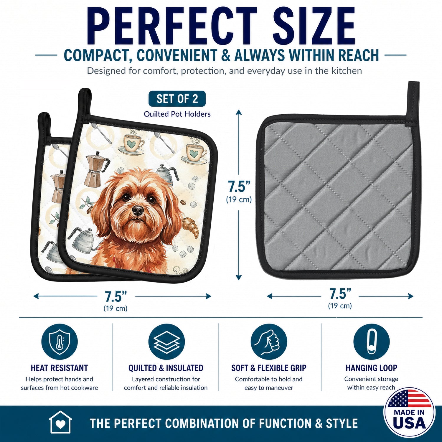 Red Lhasa Apso Coffee Bar Pot Holder Set of 2 Heat Resistant Quilted Hot Pads 7.5 x 7.5 Inch, Insulated Kitchen Trivets for Cooking & Baking