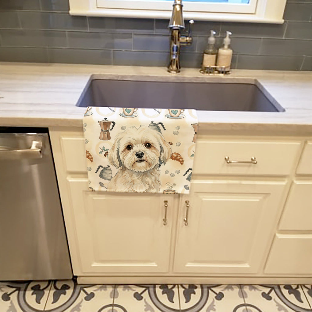 White Lhasa Apso Coffee Bar Kitchen Towel Velour Plush Front and Cotton Loop Back Machine Washable