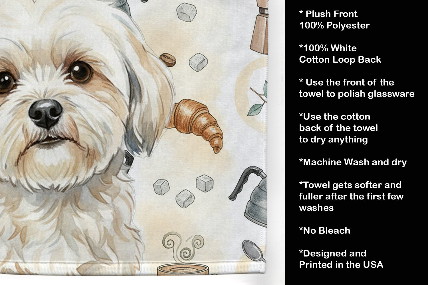 White Lhasa Apso Coffee Bar Kitchen Towel Velour Plush Front and Cotton Loop Back Machine Washable