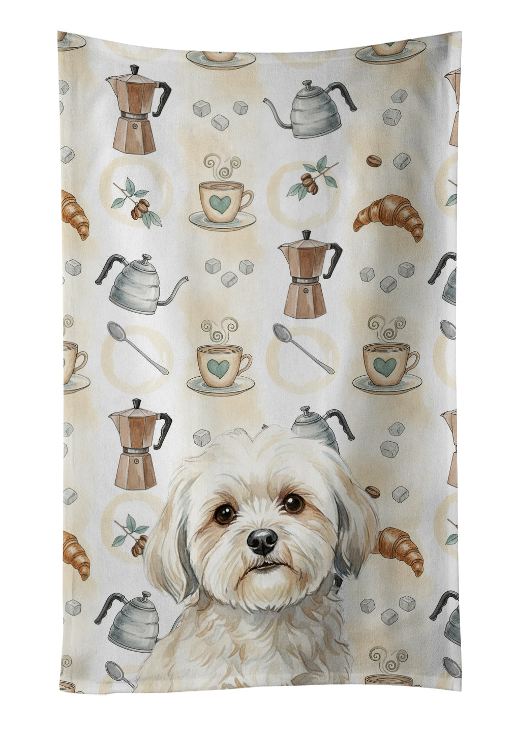 White Lhasa Apso Coffee Bar Kitchen Towel Velour Plush Front and Cotton Loop Back Machine Washable