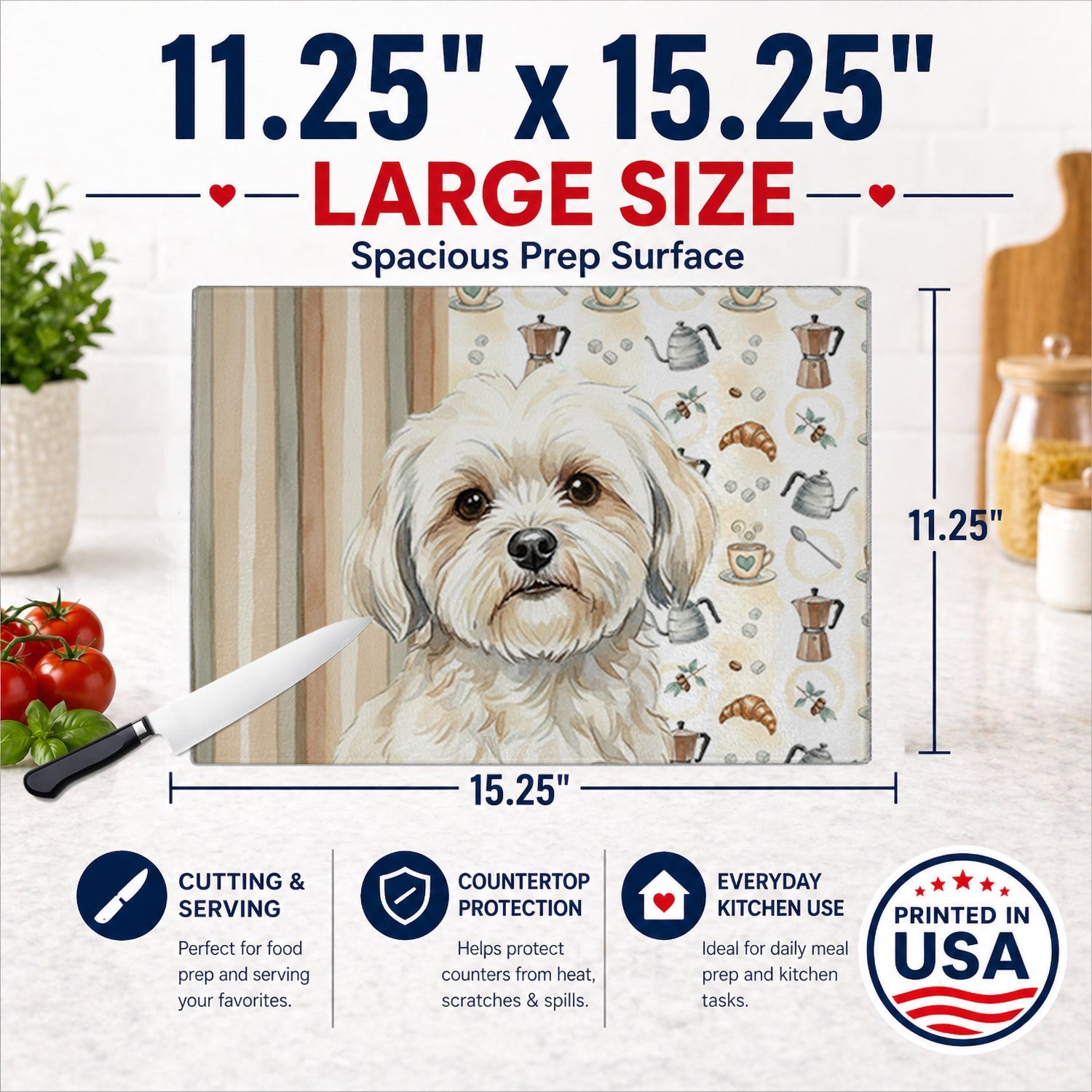 White Lhasa Apso Coffee Bar Cutting Board Tempered Glass Kitchen Cutting Surface, Heat Resistant Chopping, Non-Slip Feet, Food Prep & Serving
