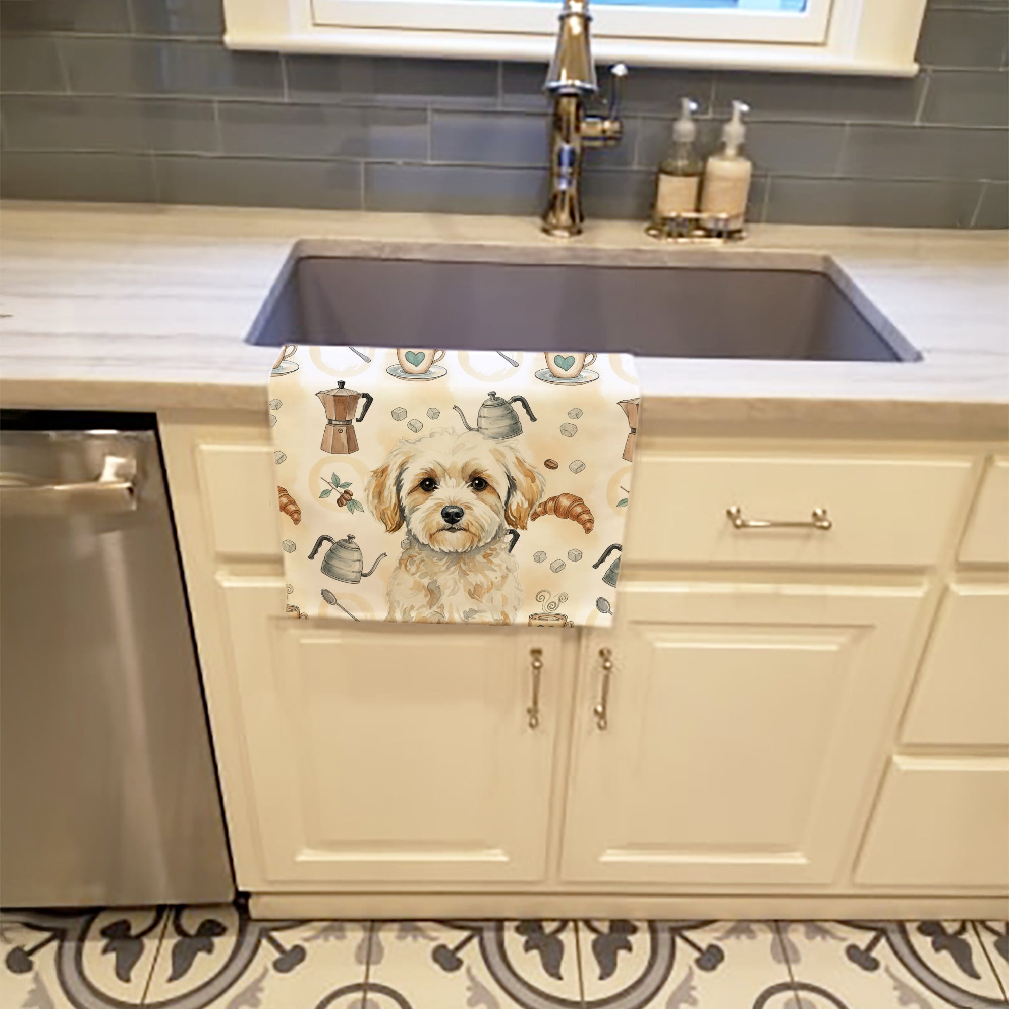 Maltipoo Coffee Bar Kitchen Towel Velour Plush Front and Cotton Loop Back Machine Washable