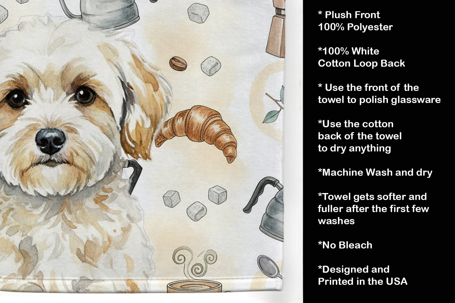 Maltipoo Coffee Bar Kitchen Towel Velour Plush Front and Cotton Loop Back Machine Washable