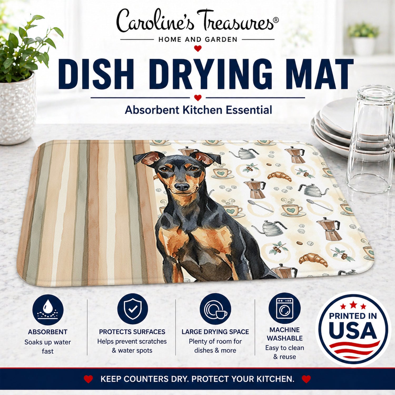 Manchester Terrier Coffee Bar Dish Drying Mat Absorbent Dish Drying Mat Pad for Kitchen Counter Dish Drainer Mat for Countertop, 14 x 21", Multicolor