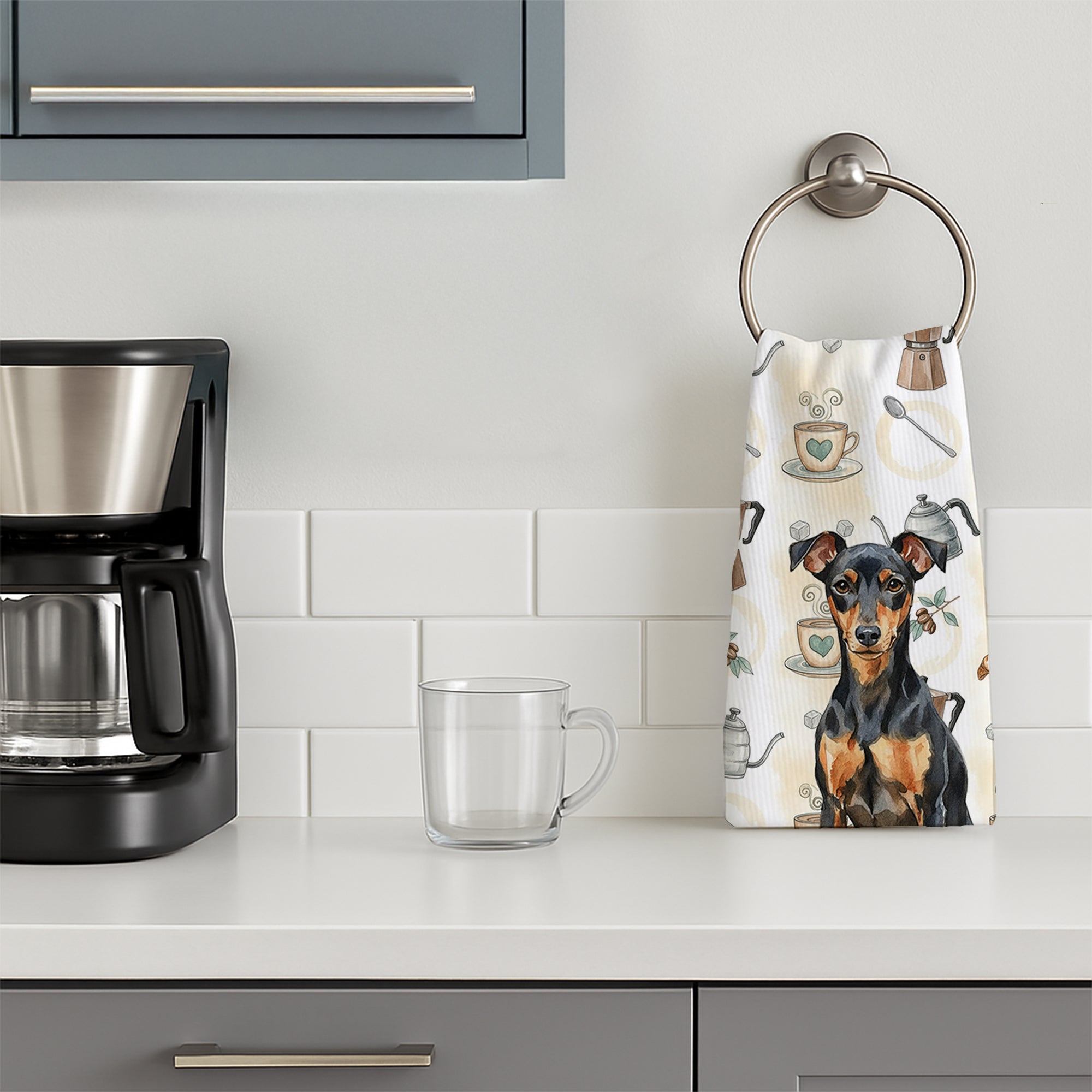 Manchester Terrier Coffee Bar Kitchen Towel Velour Plush Front and Cotton Loop Back Machine Washable