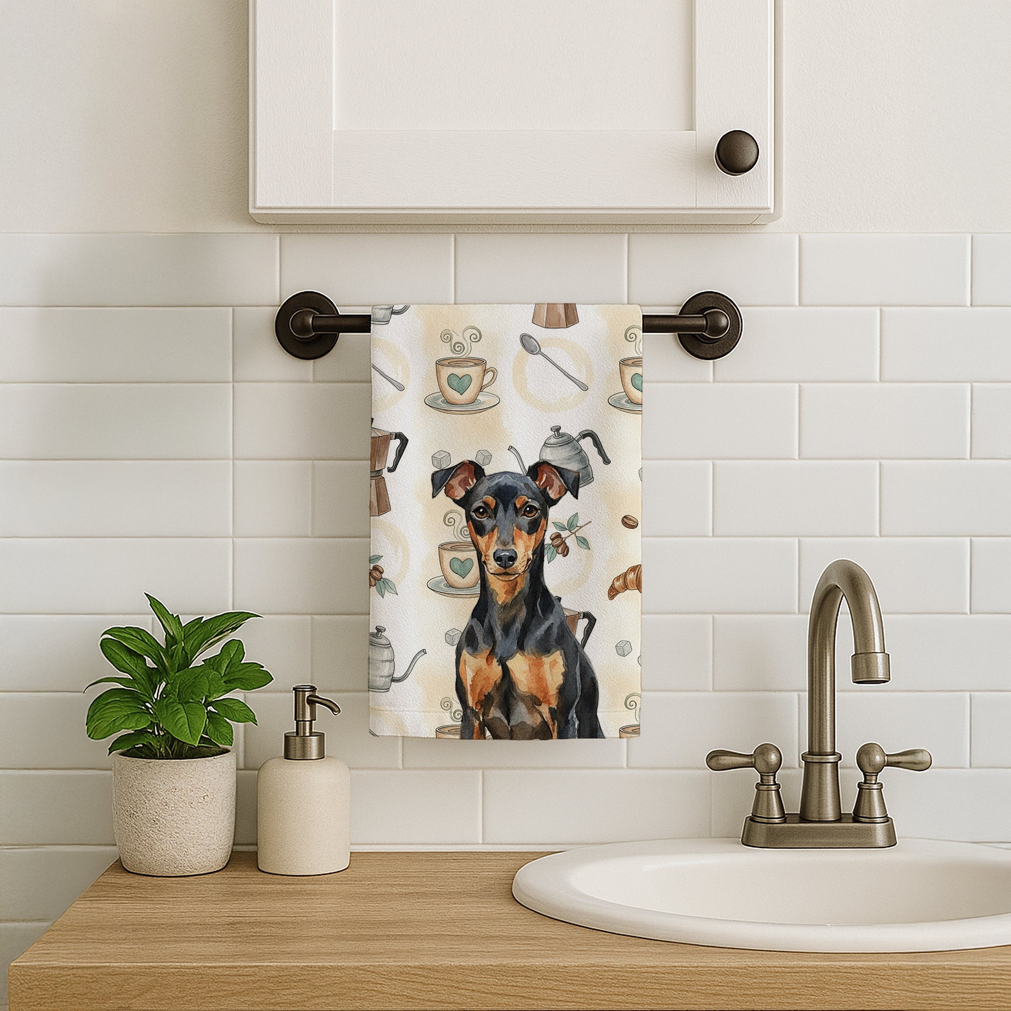 Manchester Terrier Coffee Bar Kitchen Towel Velour Plush Front and Cotton Loop Back Machine Washable