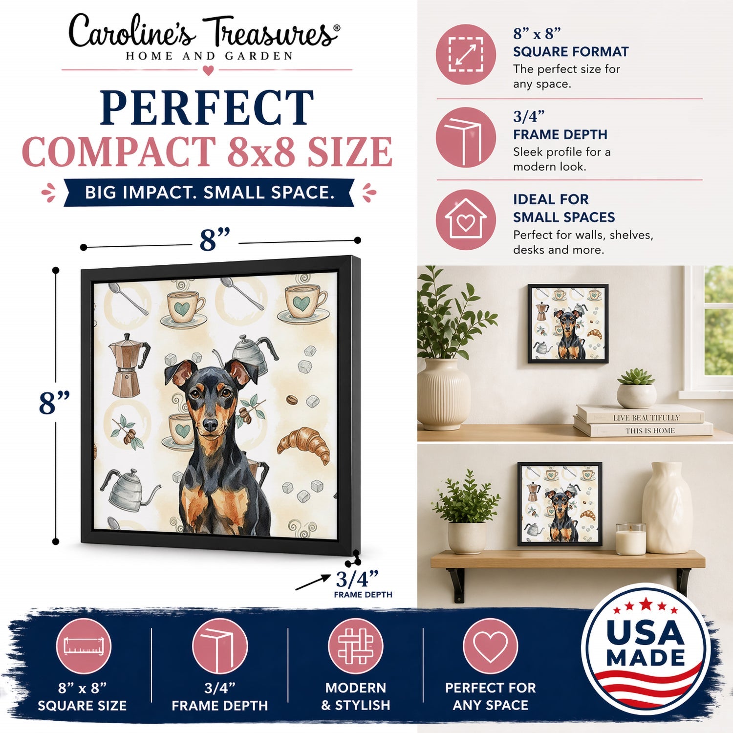Manchester Terrier Coffee Bar Framed Metal Print Bathroom, Kitchen, Office, Home Decor Wall Art Ready to Hang, Square, 8X8