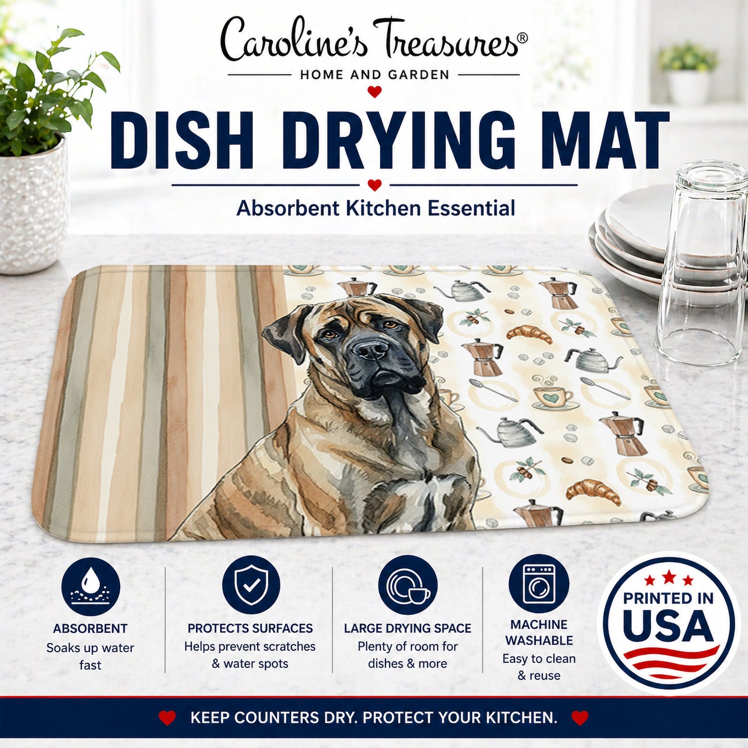 Brindle Mastiff Coffee Bar Dish Drying Mat Absorbent Dish Drying Mat Pad for Kitchen Counter Dish Drainer Mat for Countertop, 14 x 21", Multicolor