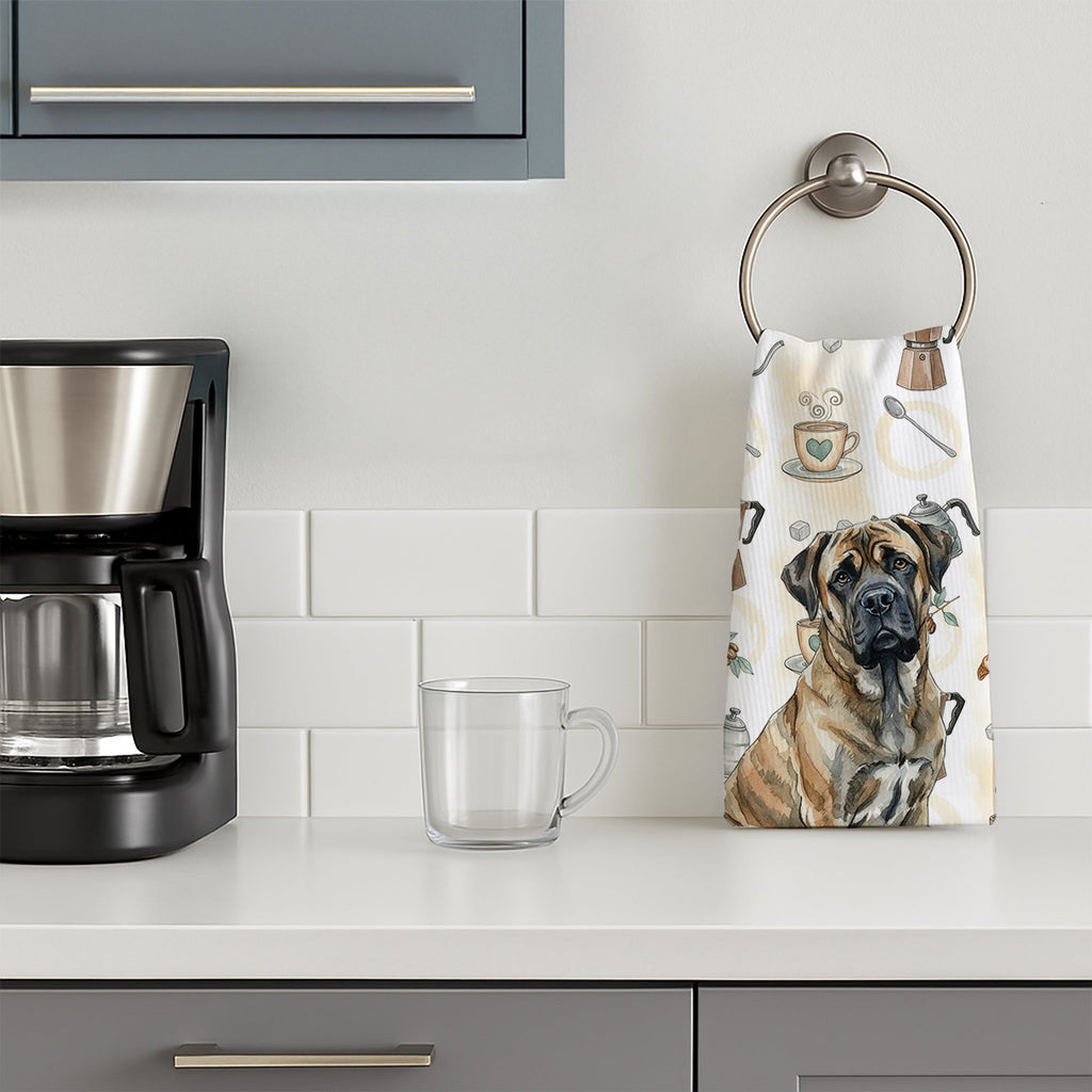 Brindle Mastiff Coffee Bar Kitchen Towel Velour Plush Front and Cotton Loop Back Machine Washable