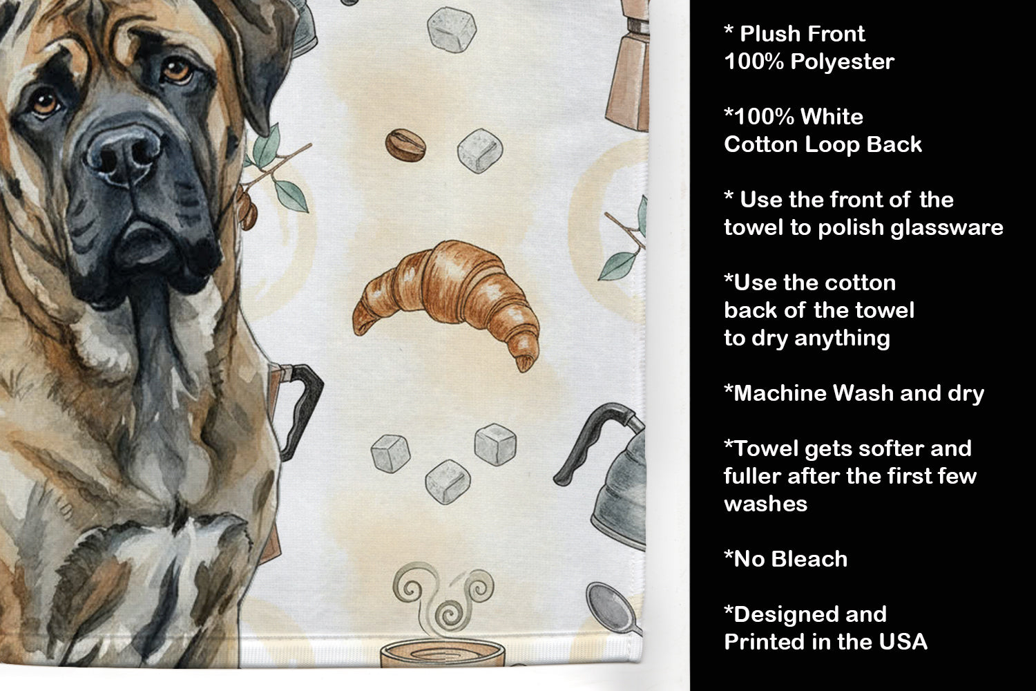 Brindle Mastiff Coffee Bar Kitchen Towel Velour Plush Front and Cotton Loop Back Machine Washable