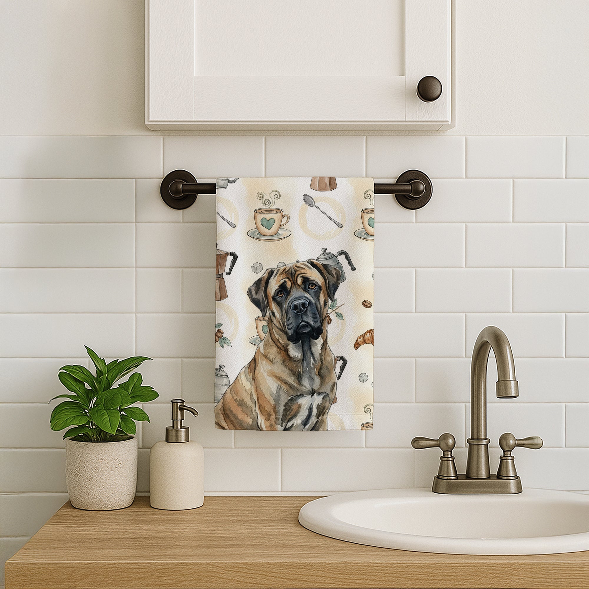 Brindle Mastiff Coffee Bar Kitchen Towel Velour Plush Front and Cotton Loop Back Machine Washable