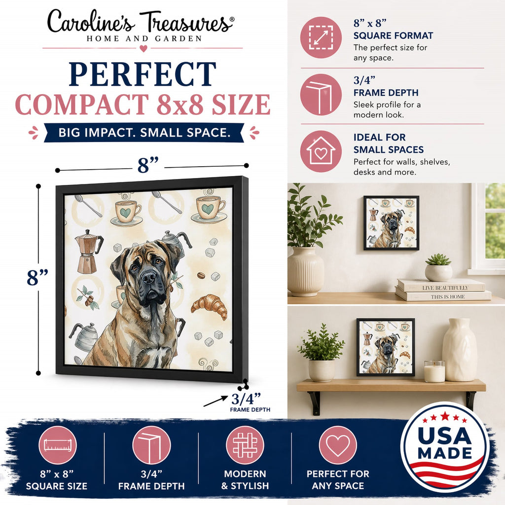 Brindle Mastiff Coffee Bar Framed Metal Print Bathroom, Kitchen, Office, Home Decor Wall Art Ready to Hang, Square, 8X8