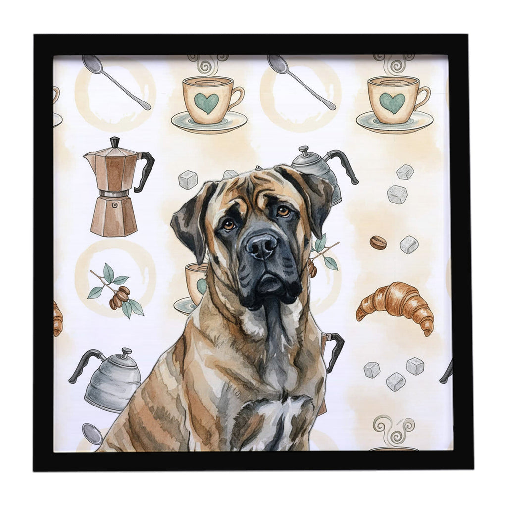 Brindle Mastiff Coffee Bar Framed Metal Print Bathroom, Kitchen, Office, Home Decor Wall Art Ready to Hang, Square, 8X8