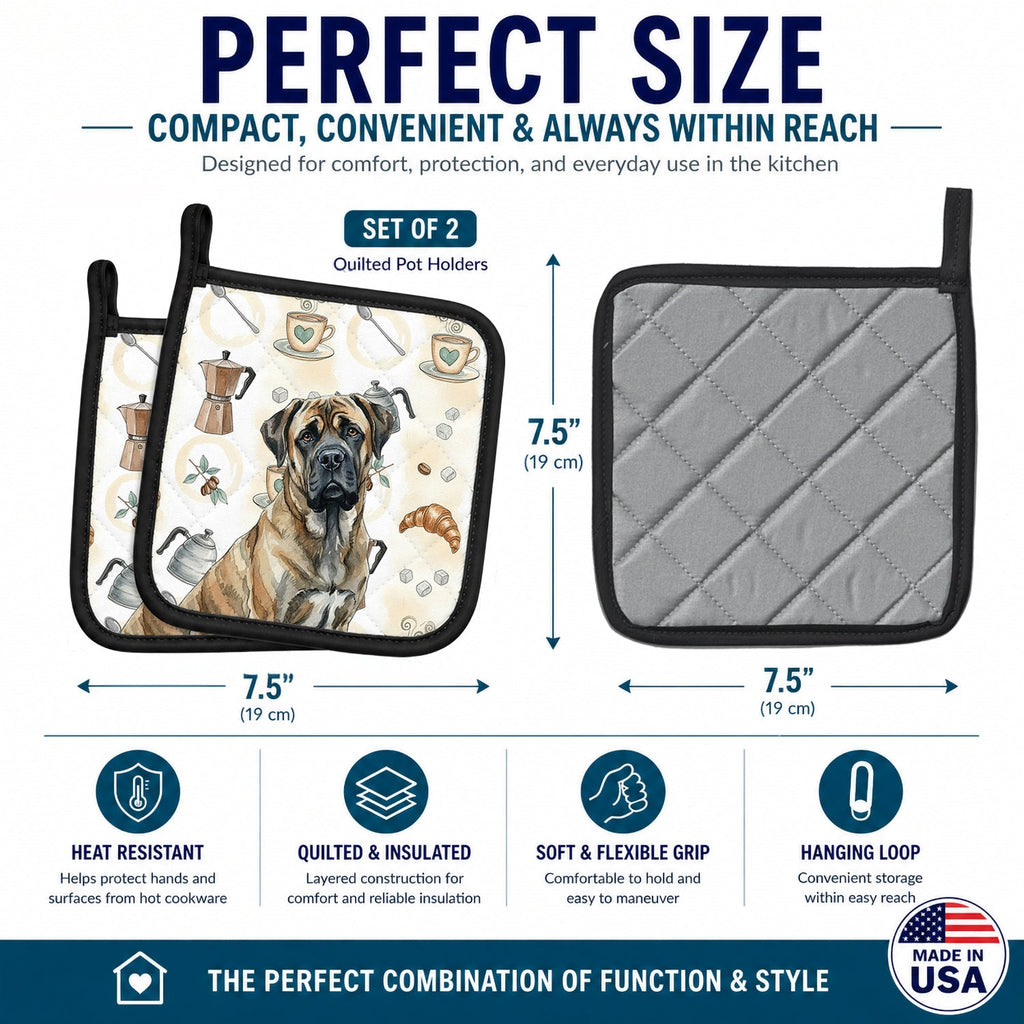Brindle Mastiff Coffee Bar Pot Holder Set of 2 Heat Resistant Quilted Hot Pads 7.5 x 7.5 Inch, Insulated Kitchen Trivets for Cooking & Baking