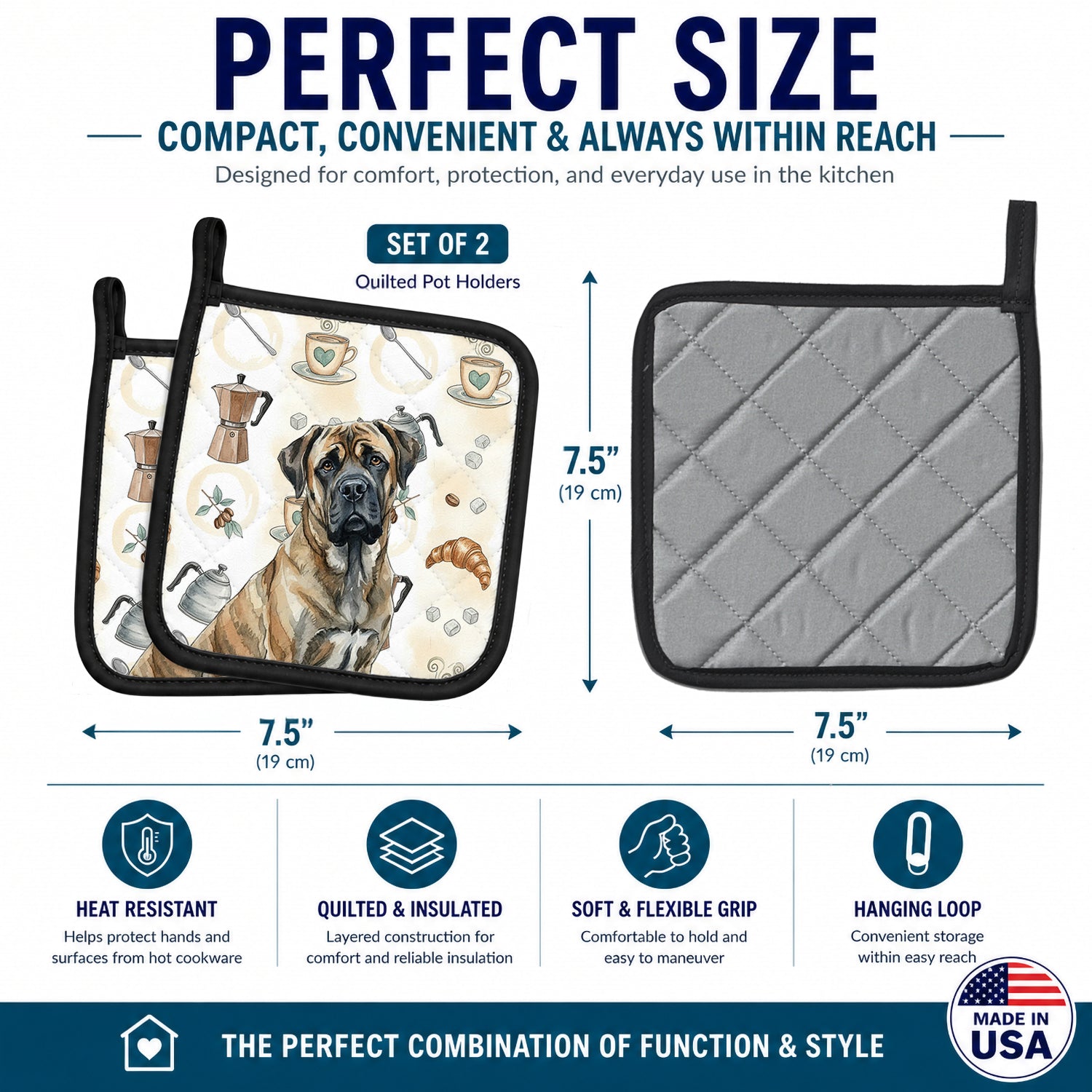 Brindle Mastiff Coffee Bar Pot Holder Set of 2 Heat Resistant Quilted Hot Pads 7.5 x 7.5 Inch, Insulated Kitchen Trivets for Cooking & Baking