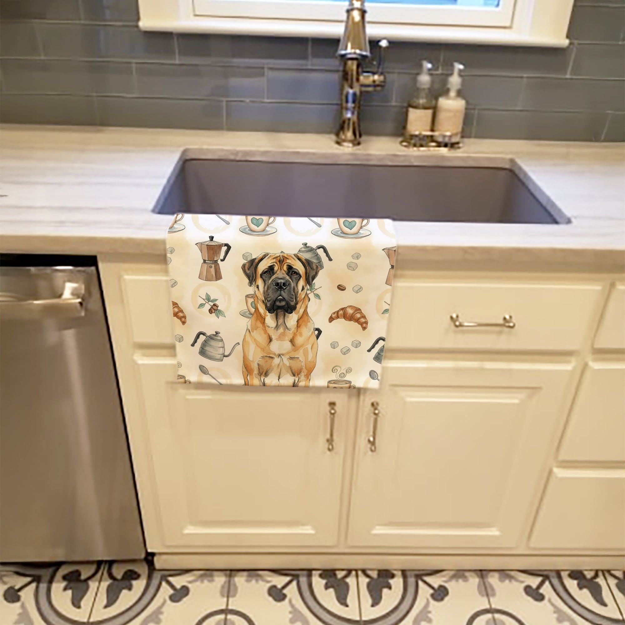Fawn Mastiff Coffee Bar Kitchen Towel Velour Plush Front and Cotton Loop Back Machine Washable