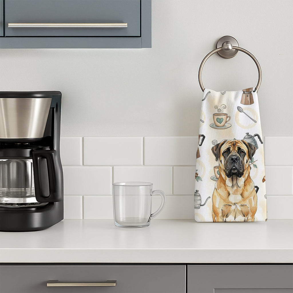 Fawn Mastiff Coffee Bar Kitchen Towel Velour Plush Front and Cotton Loop Back Machine Washable