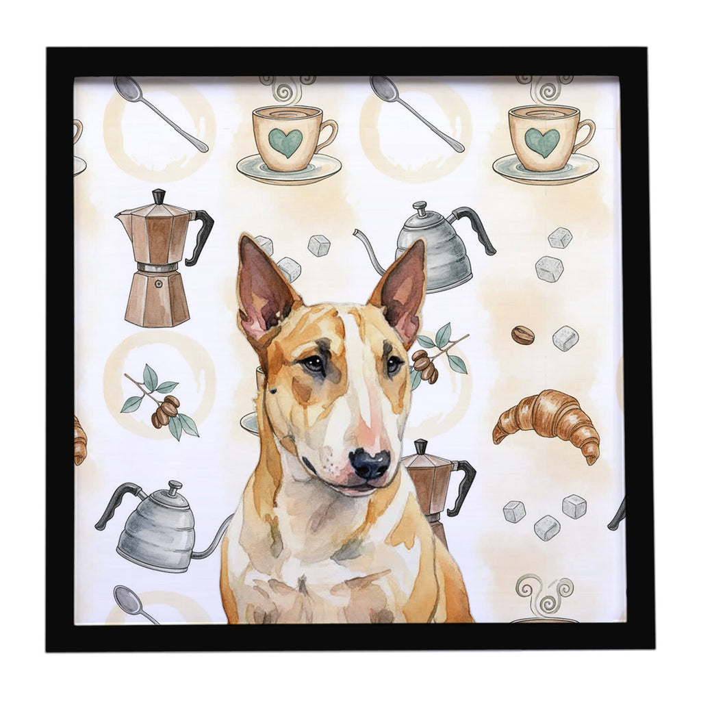 Miniature Bull Terrier Coffee Bar Framed Metal Print Bathroom, Kitchen, Office, Home Decor Wall Art Ready to Hang, Square, 8X8