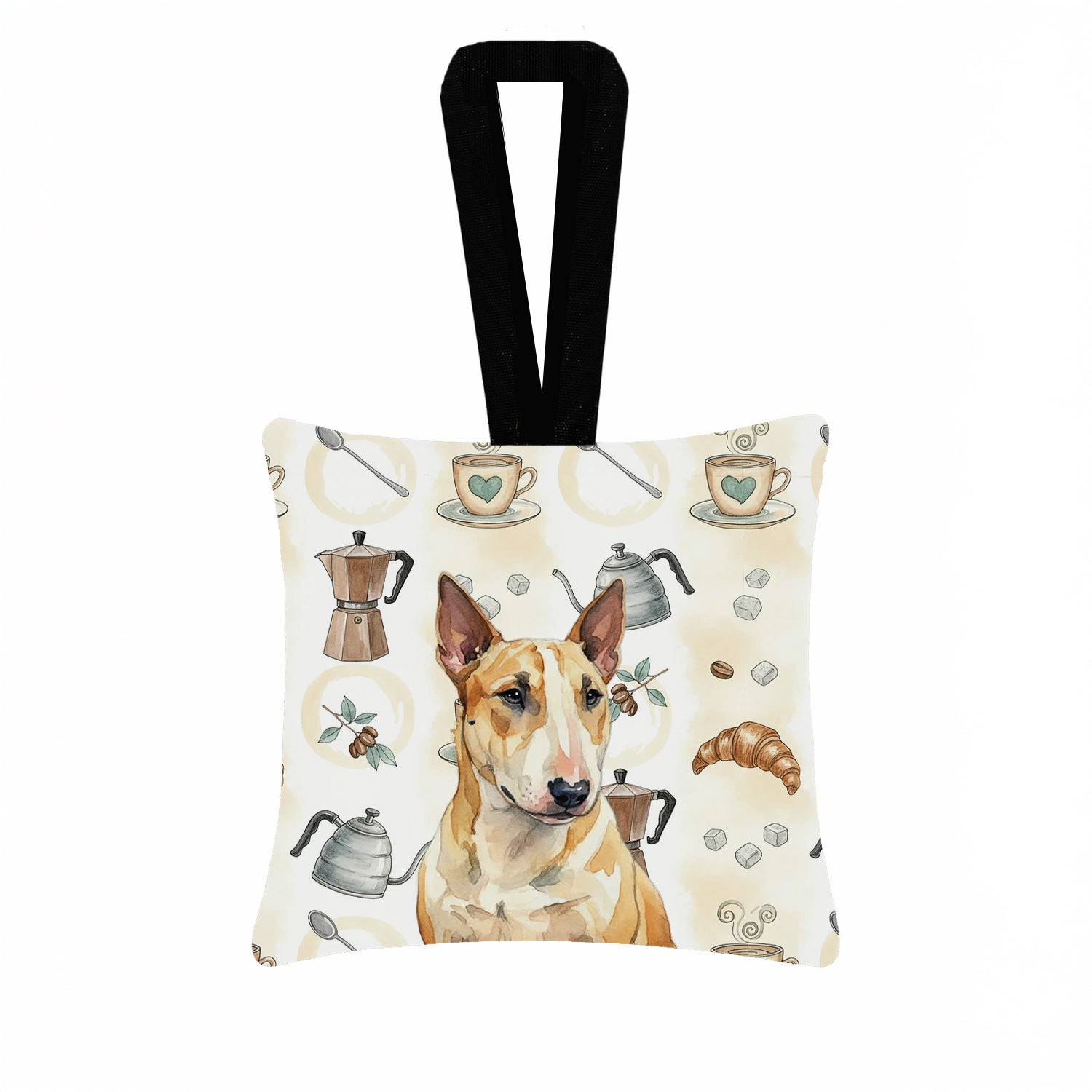 Miniature Bull Terrier Coffee Bar Hanging Square Fabric Ornament 3.5 � 3.5 Decorative Door-Knob & Tree Hanger, Soft Fabric