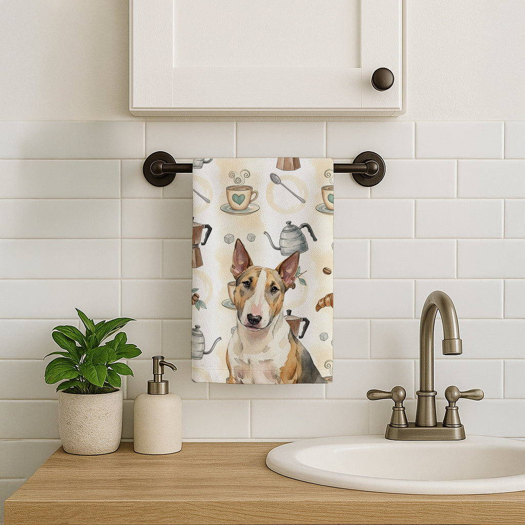 Tricolor Miniature Bull Terrier Coffee Bar Kitchen Towel Velour Plush Front and Cotton Loop Back Machine Washable