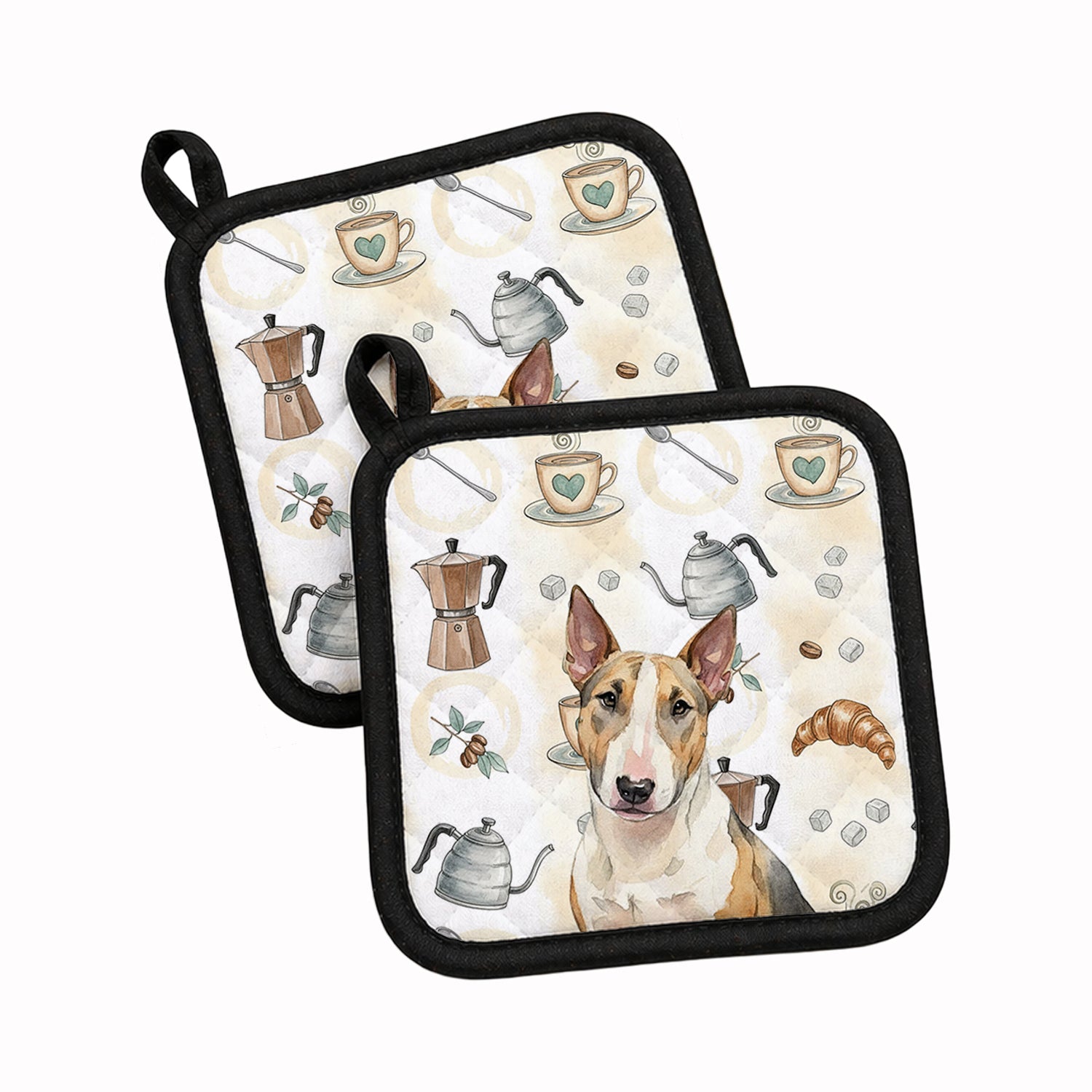 Tricolor Miniature Bull Terrier Coffee Bar Pot Holder Set of 2 Heat Resistant Quilted Hot Pads 7.5 x 7.5 Inch, Insulated Kitchen Trivets for Cooking & Baking