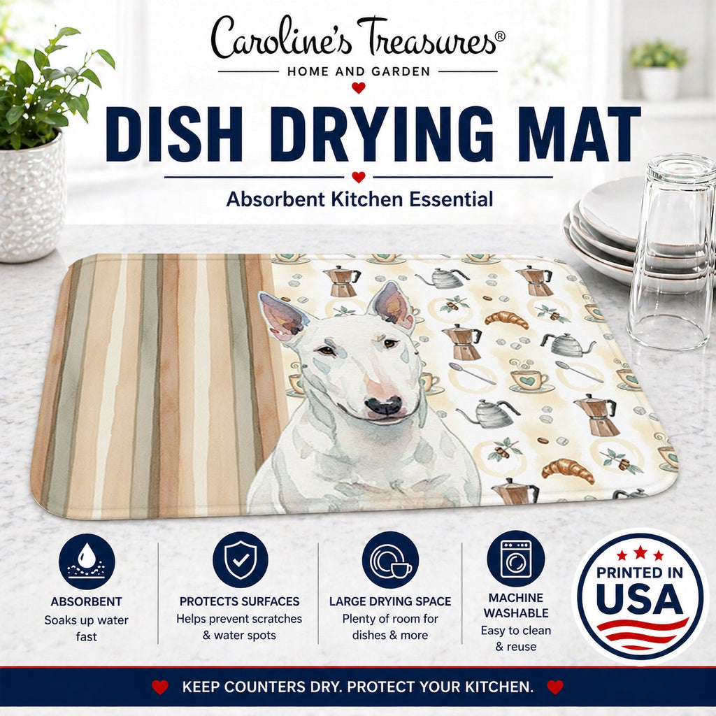 White Miniature Bull Terrier Coffee Bar Dish Drying Mat Absorbent Dish Drying Mat Pad for Kitchen Counter Dish Drainer Mat for Countertop, 14 x 21", Multicolor
